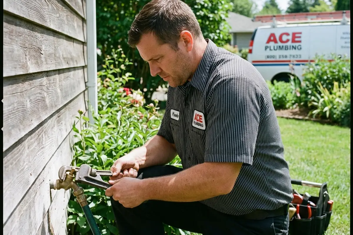 Professional plumber performing outdoor faucet repair service